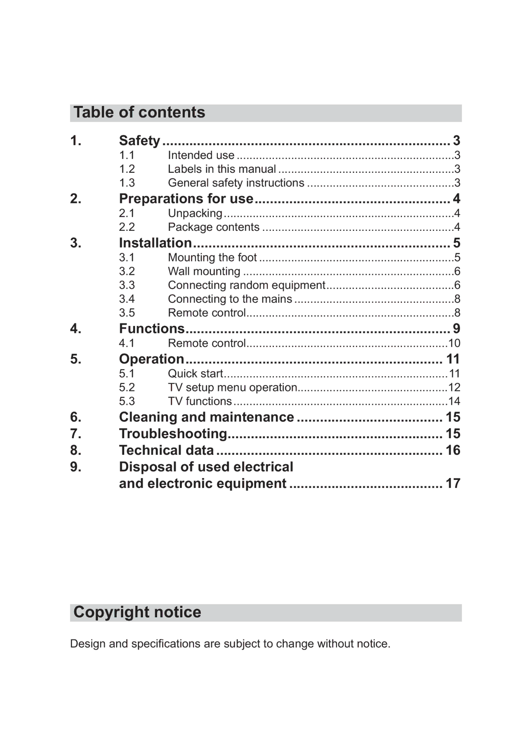 Akai AL2215 manual Table of contents, Copyright notice 