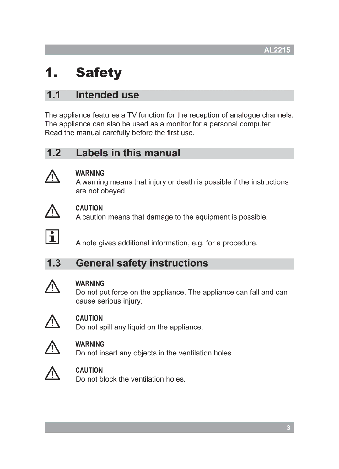 Akai AL2215 Safety, Intended use, Labels in this manual, General safety instructions 