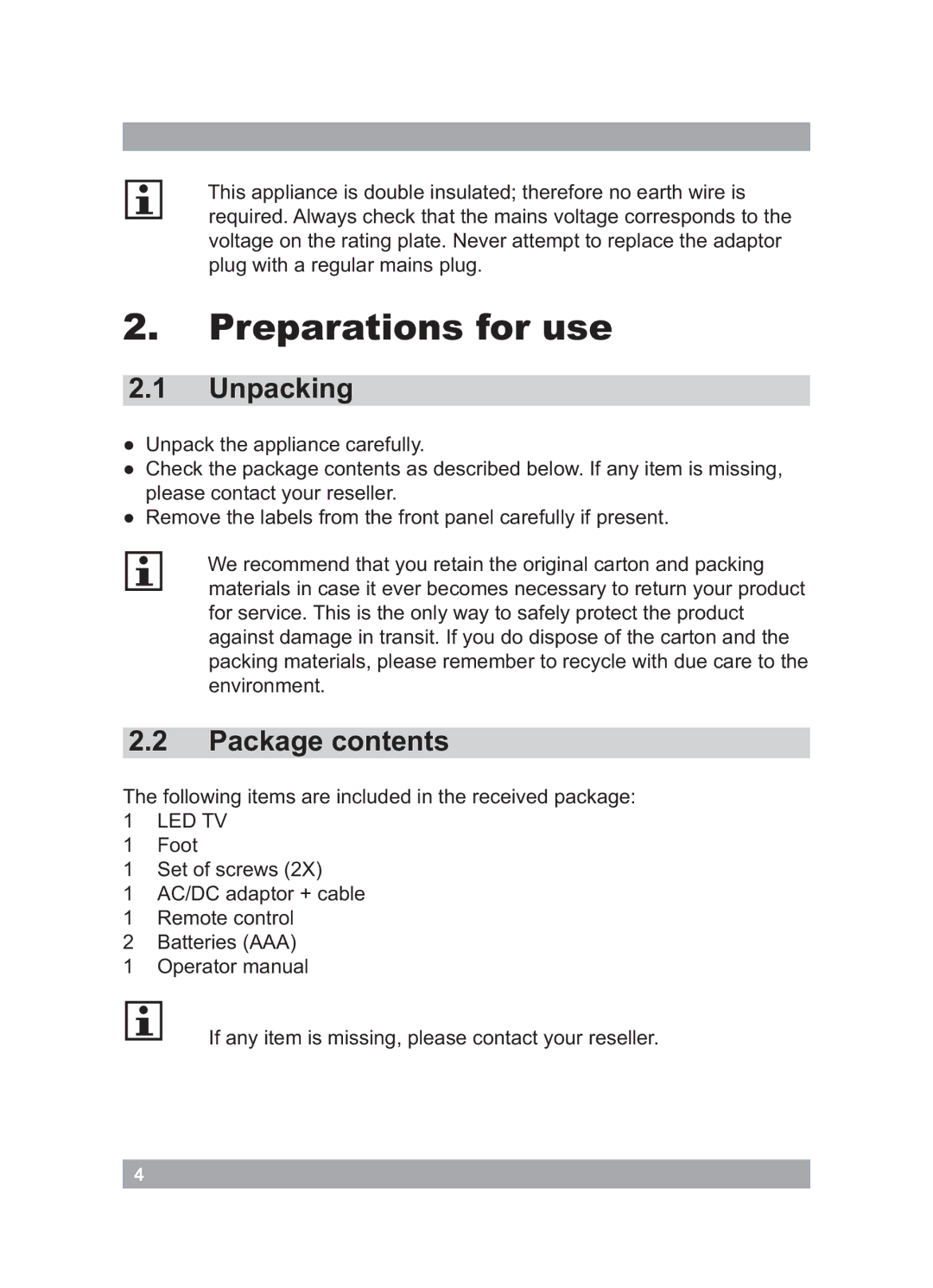 Akai AL2215 manual Preparations for use, Unpacking, Package contents 