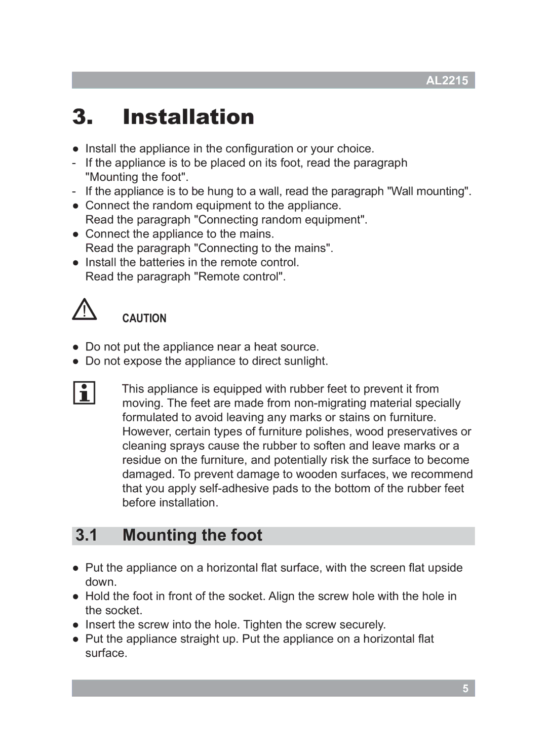 Akai AL2215 manual Installation, Mounting the foot 