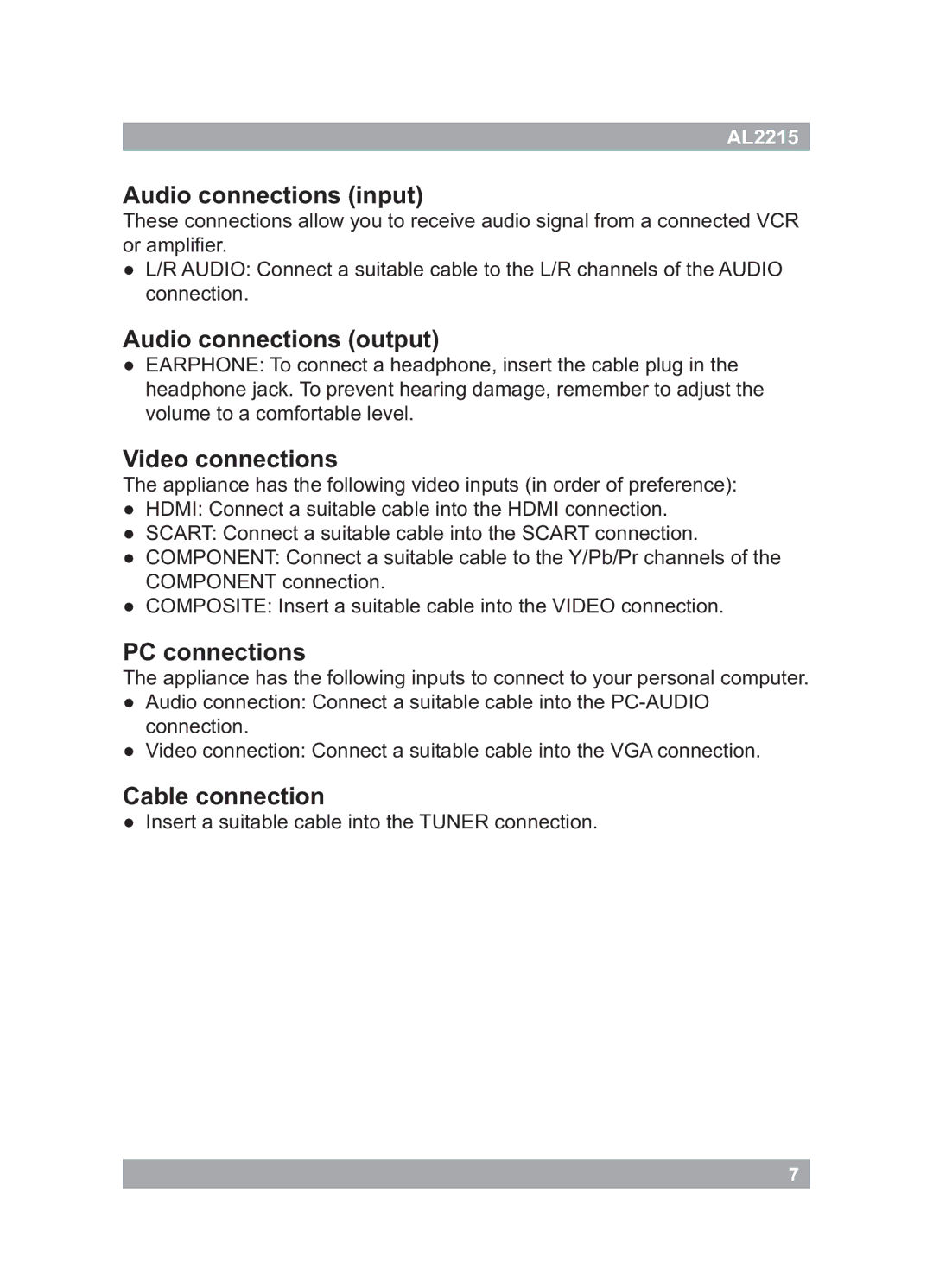 Akai AL2215 manual Audio connections input, Audio connections output, Video connections, PC connections, Cable connection 