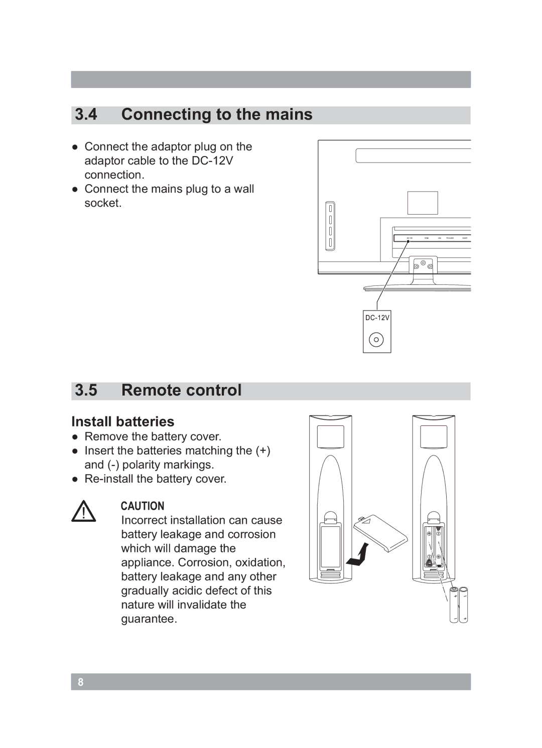 Akai AL2215 manual Connecting to the mains, Remote control, Install batteries 