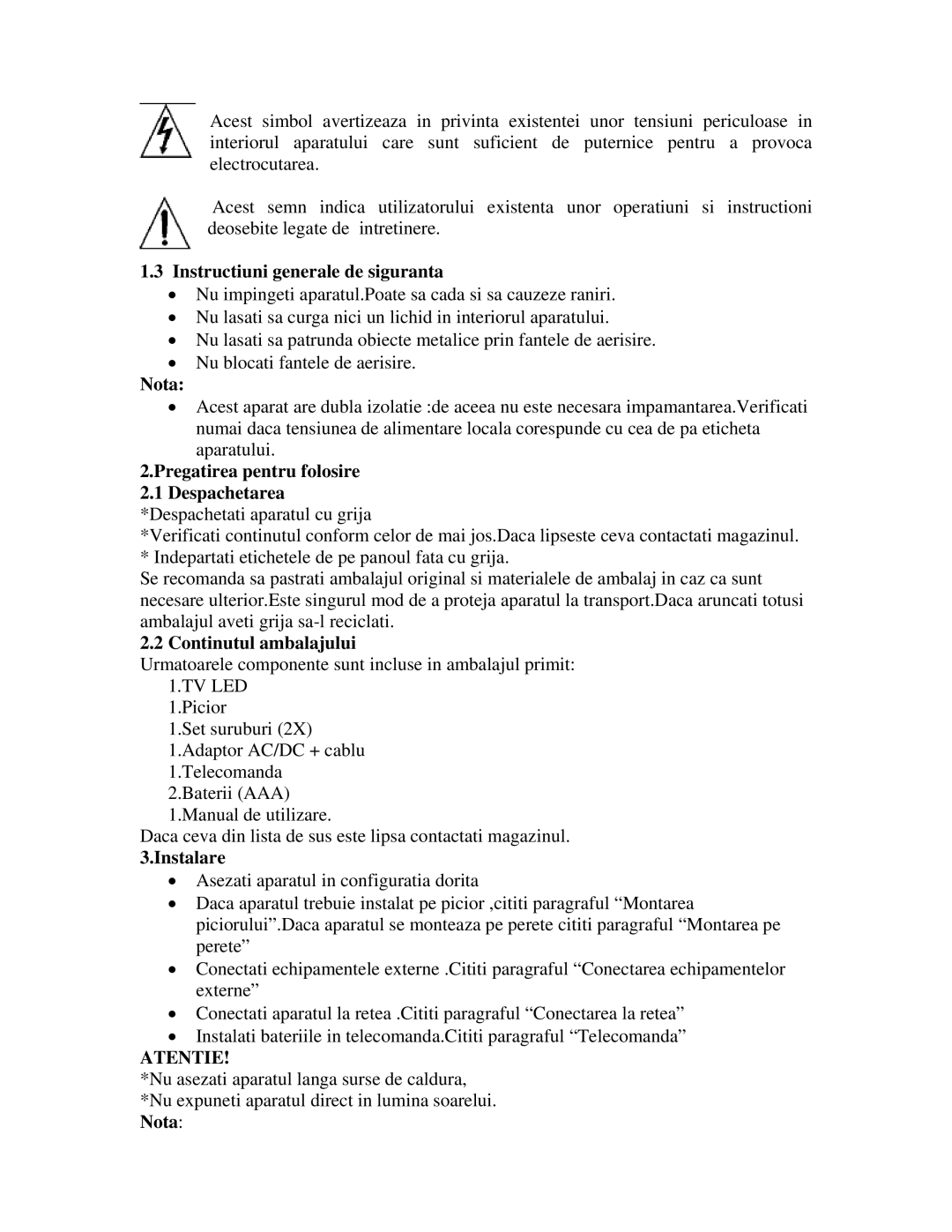 Akai AL2215 manual Instructiuni generale de siguranta, Nota, Continutul ambalajului, Instalare 