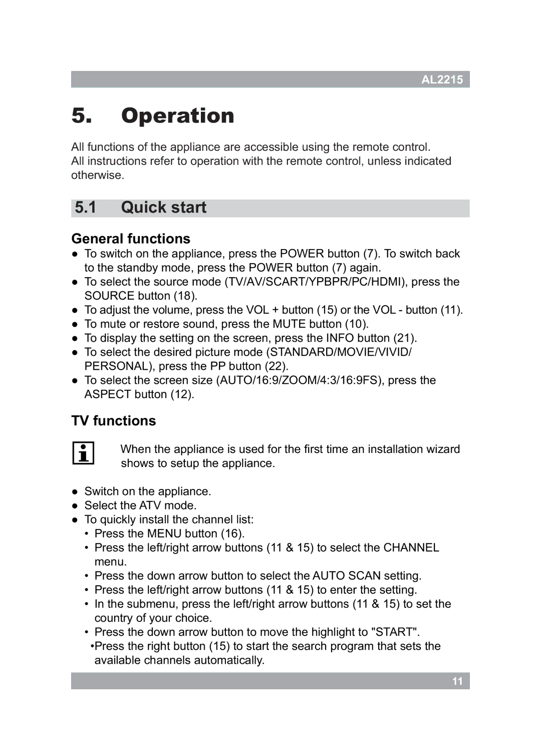 Akai AL2215 manual Operation, Quick start 