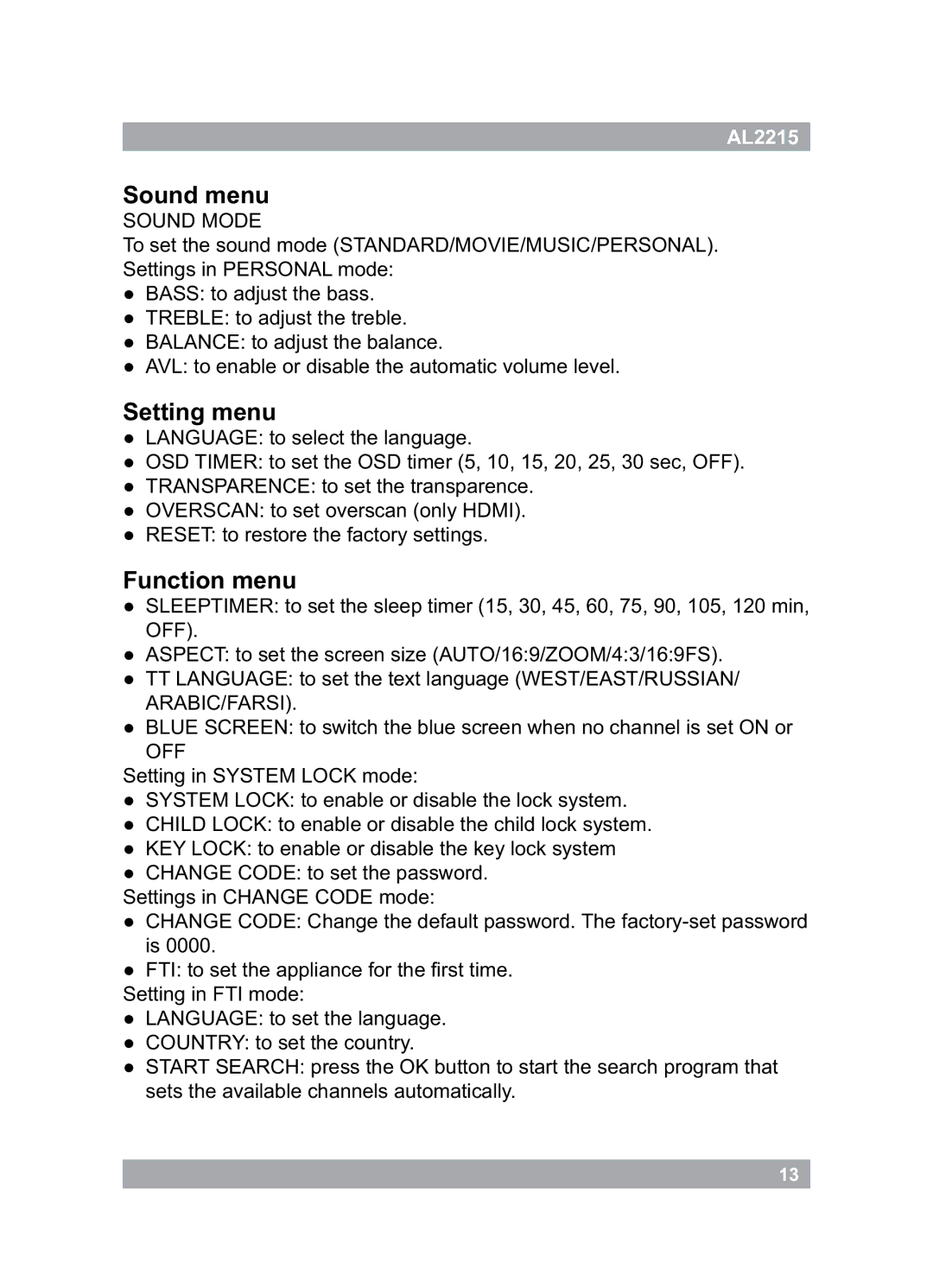 Akai AL2215 manual Sound menu 