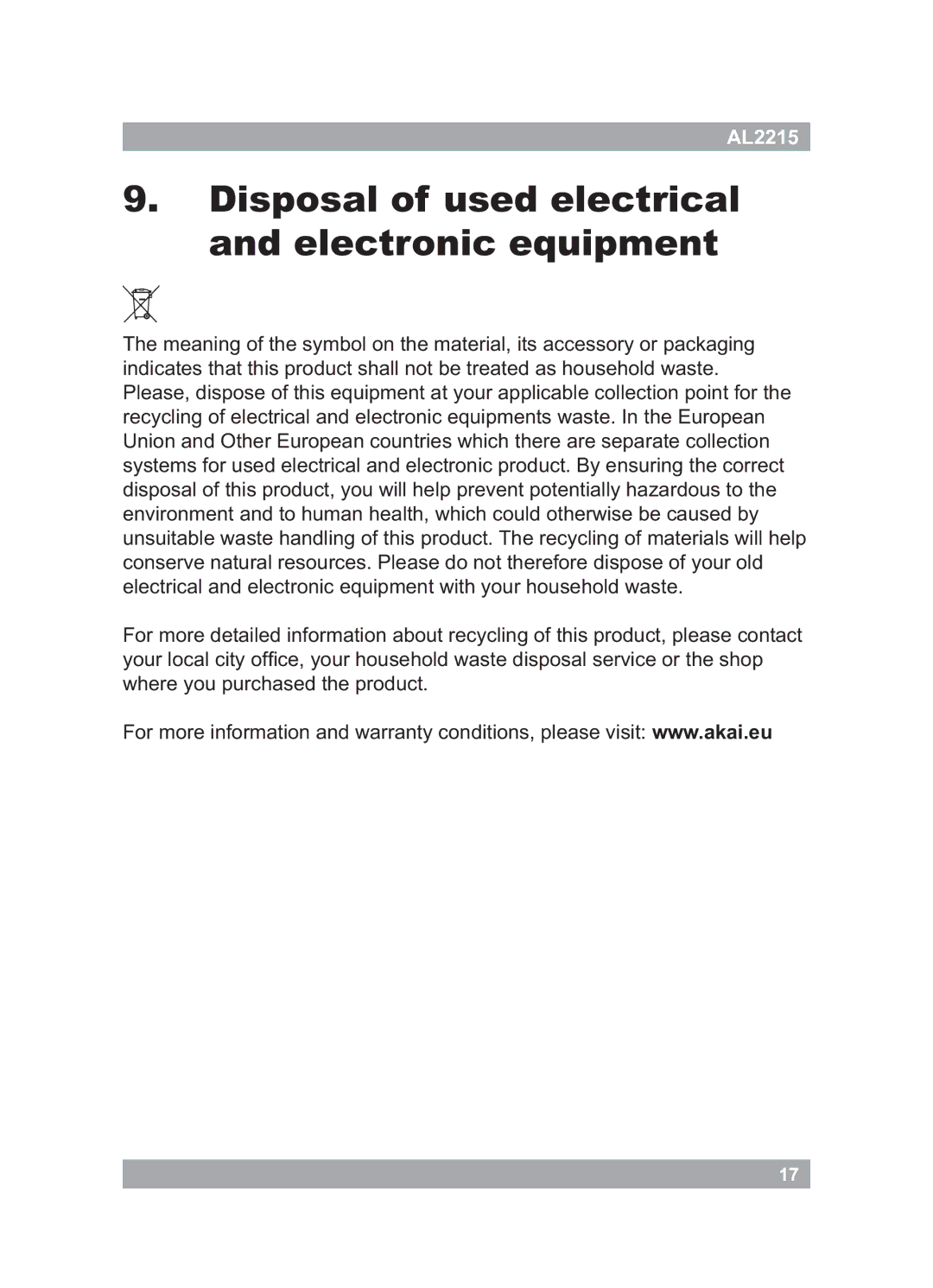 Akai AL2215 manual Disposal of used electrical and electronic equipment, Zkhuh\RxSxufkdvhgWkhSurgxfw 