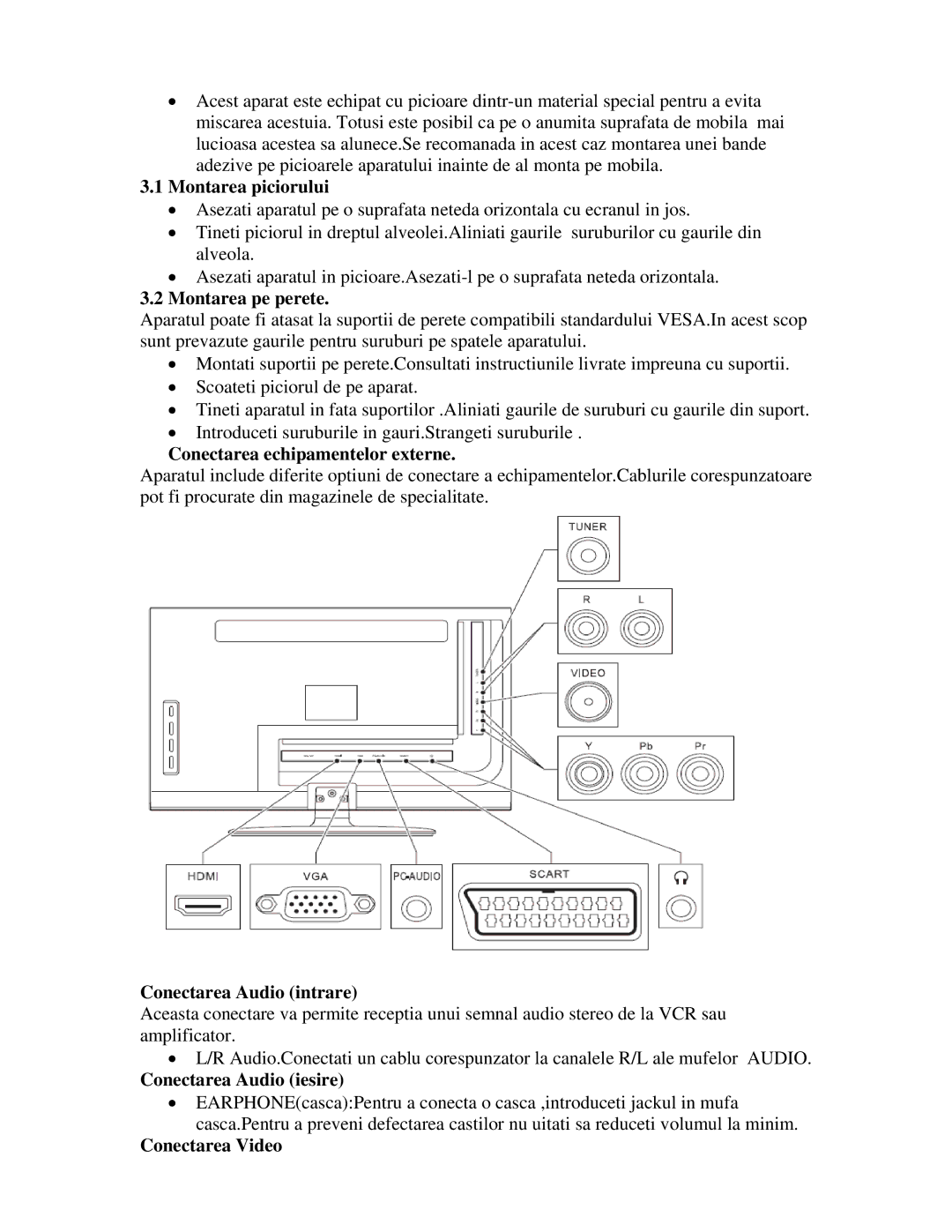 Akai AL2215 manual Montarea piciorului, Montarea pe perete, Conectarea echipamentelor externe, Conectarea Audio intrare 