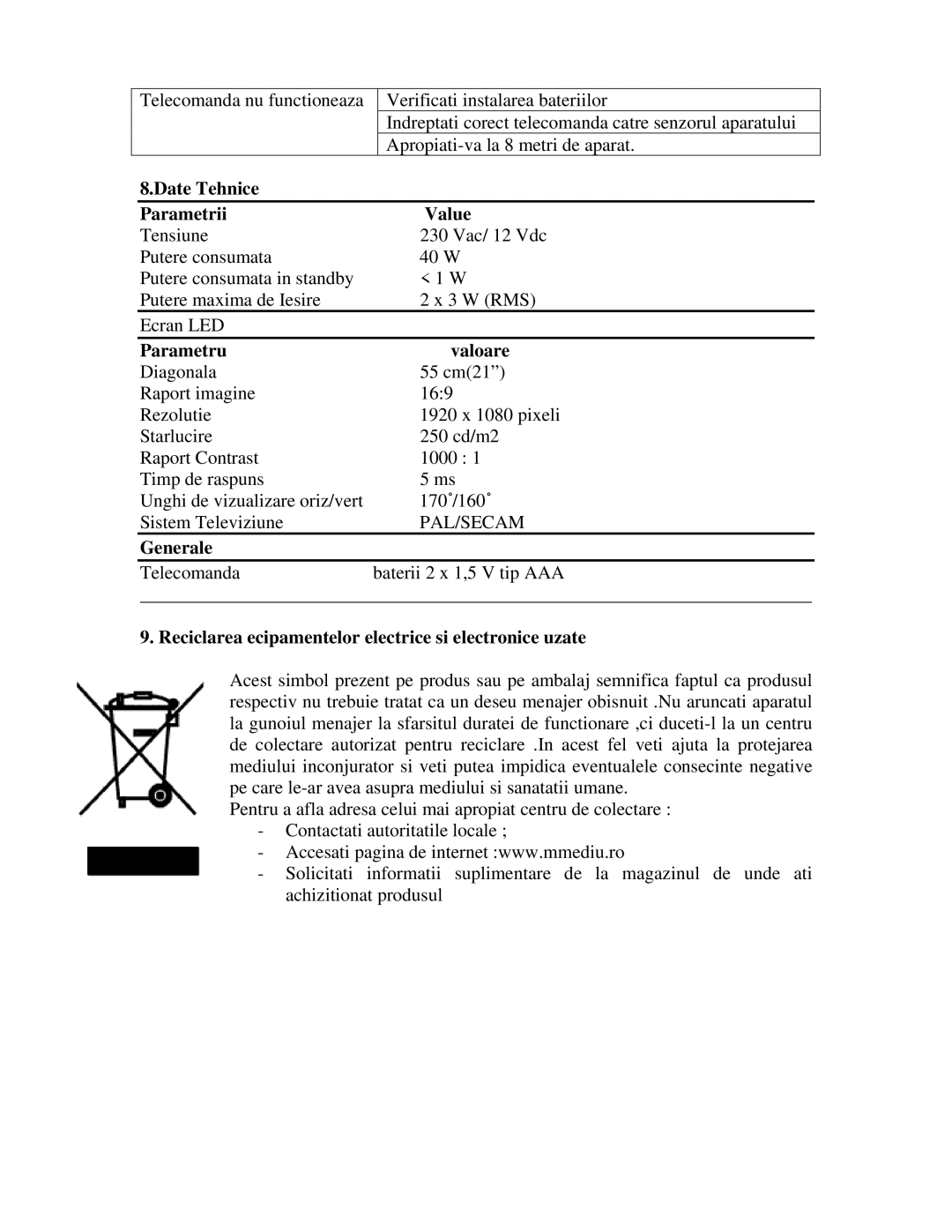 Akai AL2215 manual Date Tehnice Parametrii Value, Parametru Valoare, Generale 