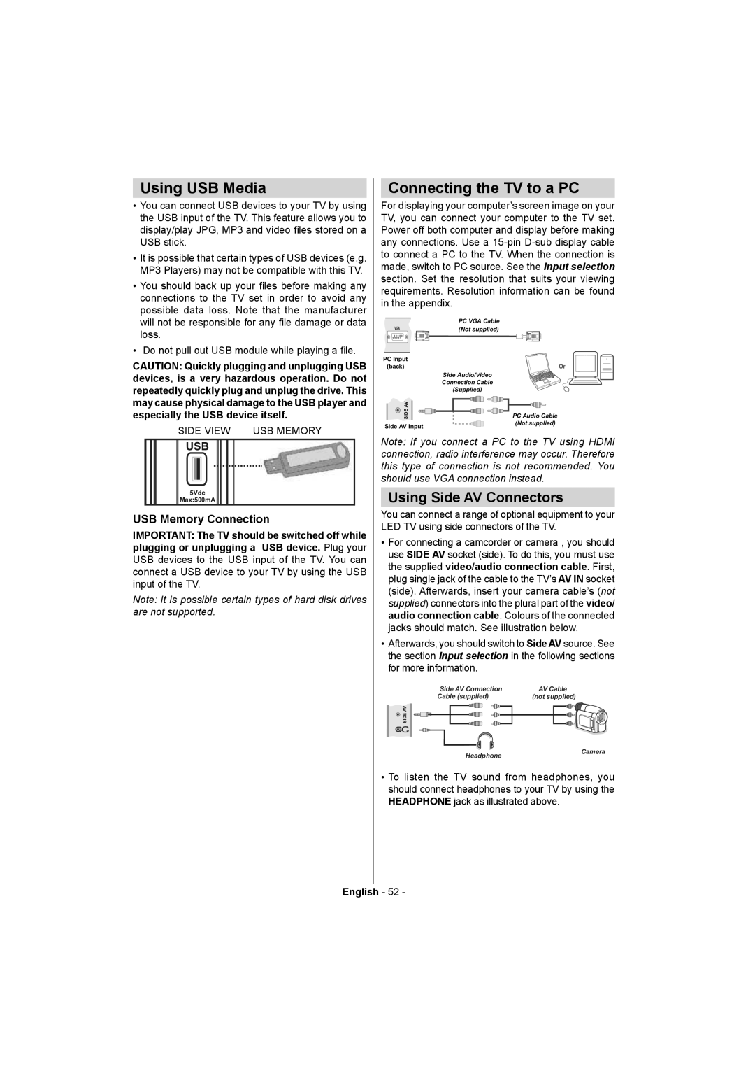 Akai ALED2405T manual Using USB Media, Connecting the TV to a PC, Using Side AV Connectors, USB Memory Connection 