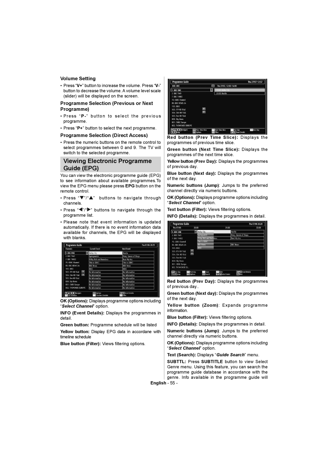 Akai ALED2405T Viewing Electronic Programme Guide EPG, Volume Setting, Programme Selection Previous or Next Programme 