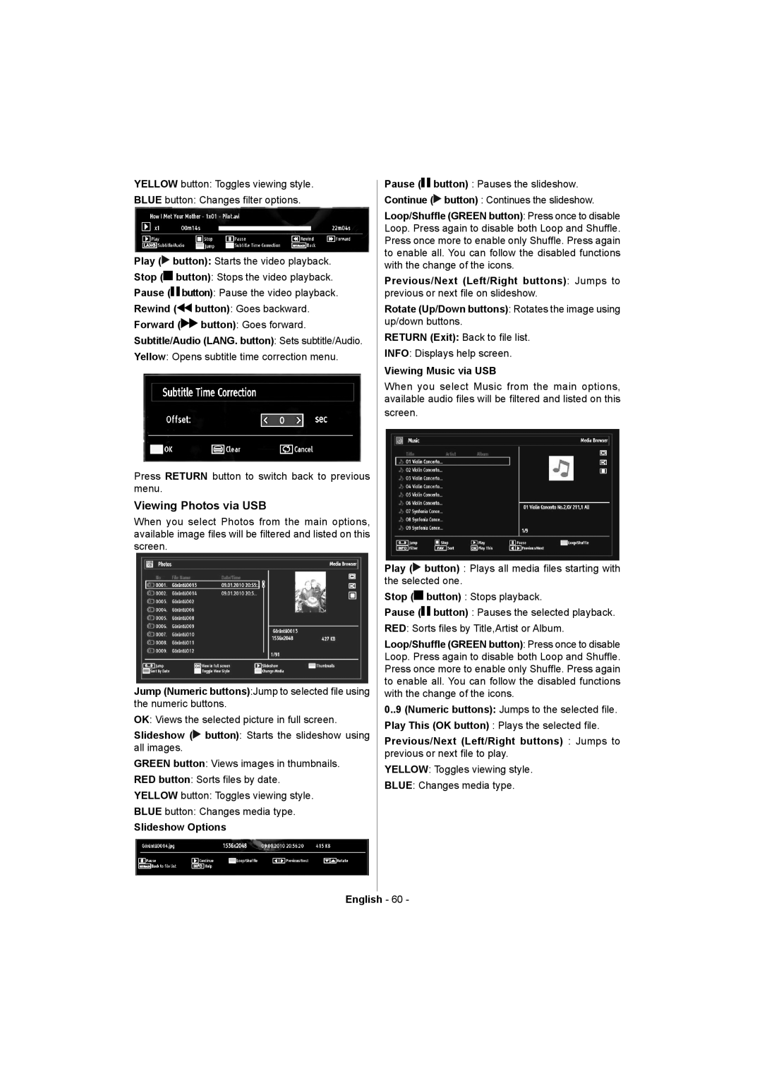 Akai ALED2405T manual Viewing Photos via USB, Slideshow Options, Return Exit Back to ﬁle list Info Displays help screen 