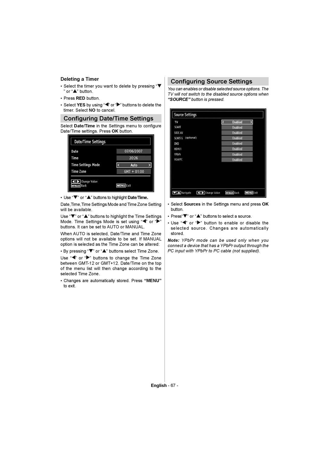 Akai ALED2405T manual Conﬁguring Date/Time Settings, Conﬁguring Source Settings, Deleting a Timer 