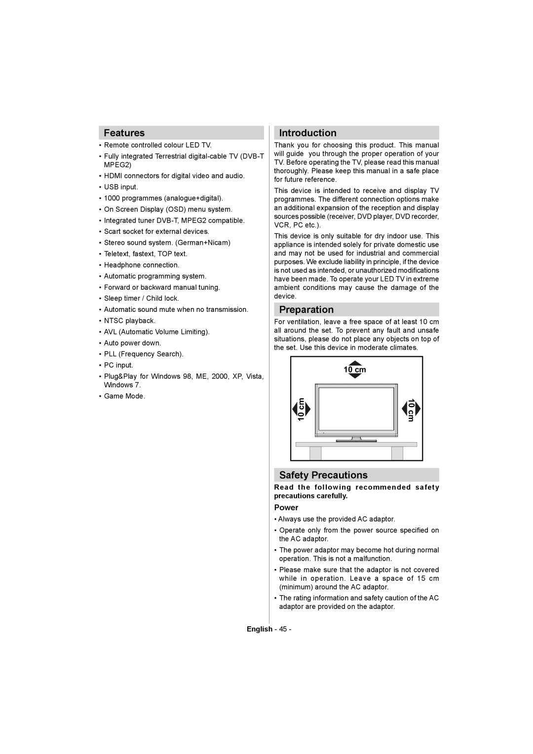 Akai ALED2405T manual Features, Introduction, Preparation, Safety Precautions 