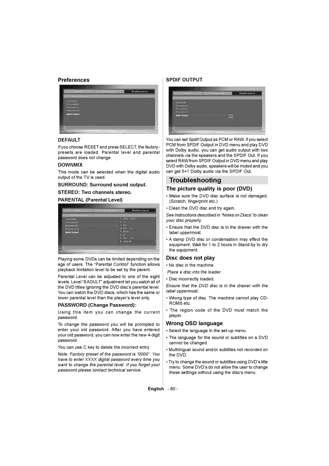 Akai ALED2405T manual Troubleshooting, Password Change Password, Disc incorrectly loaded 