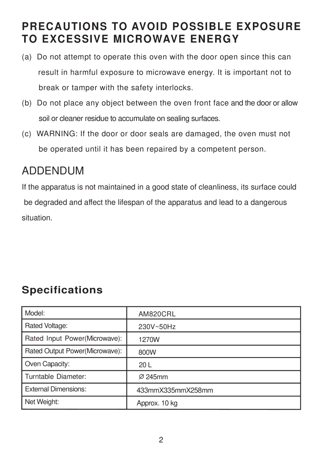 Akai AM820CRL instruction manual Addendum 