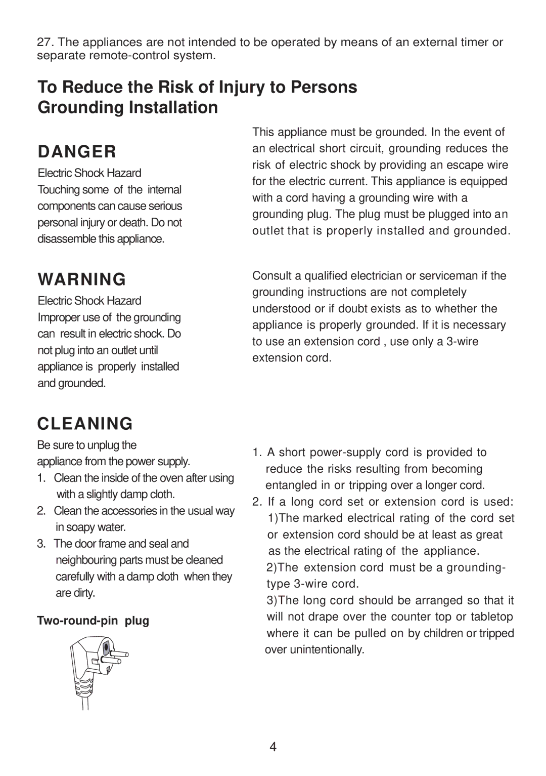 Akai AM820CRL instruction manual Cleaning, Two-round-pin plug 