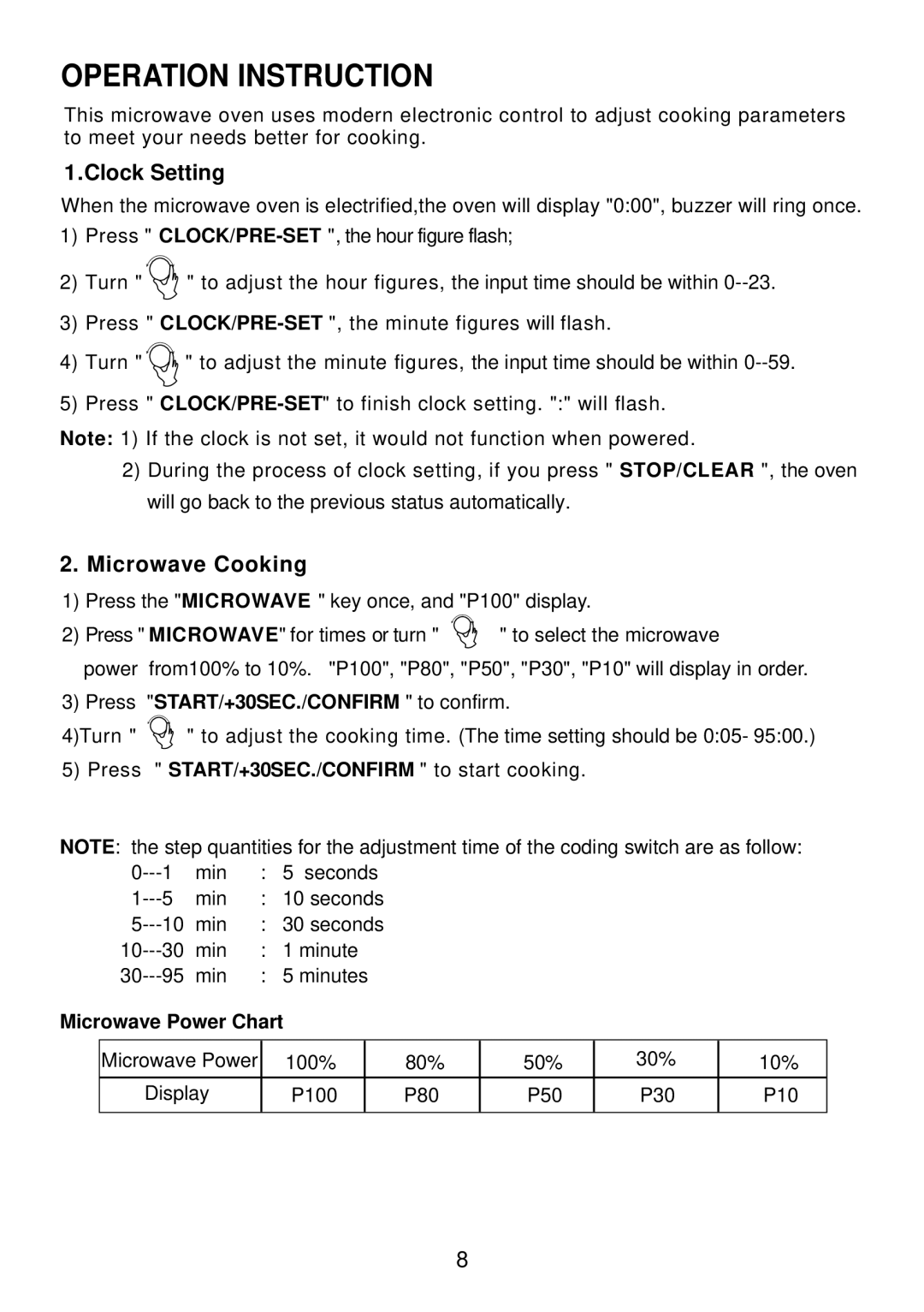 Akai AM820CRL Operation Instruction, Clock Setting, Microwave Cooking, Press START/+30SEC./CONFIRM to confirm 