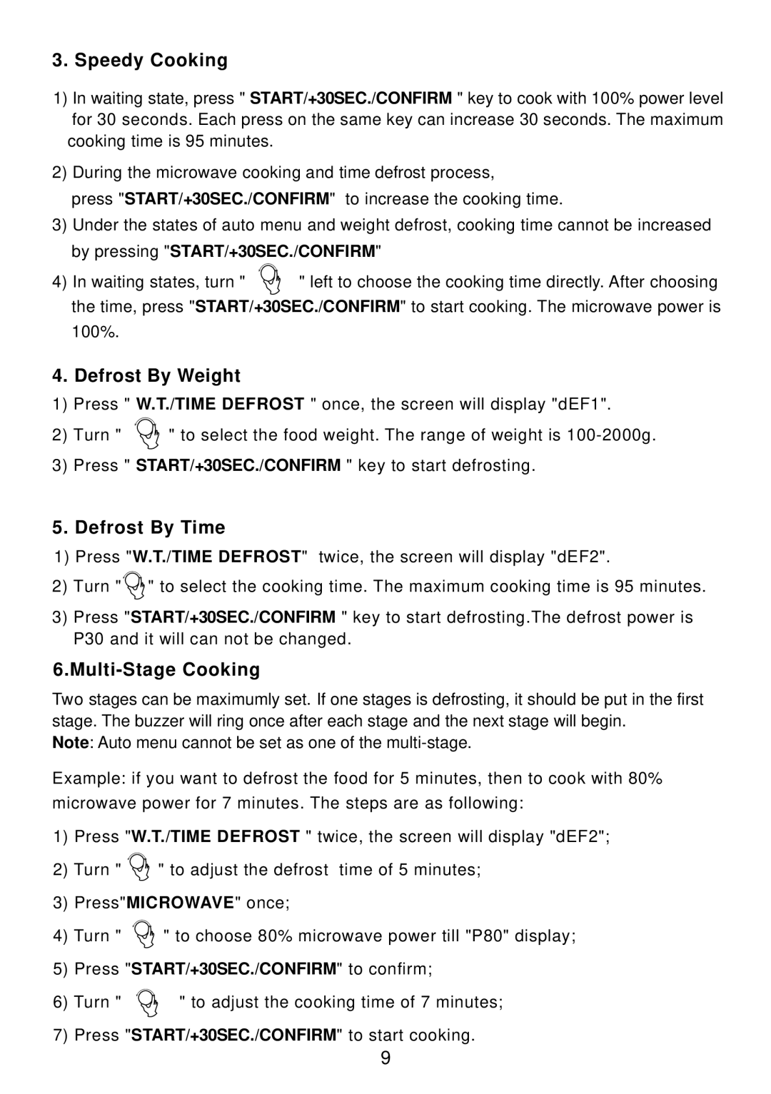 Akai AM820CRL instruction manual Speedy Cooking, Defrost By Weight, Defrost By Time, Multi-Stage Cooking 