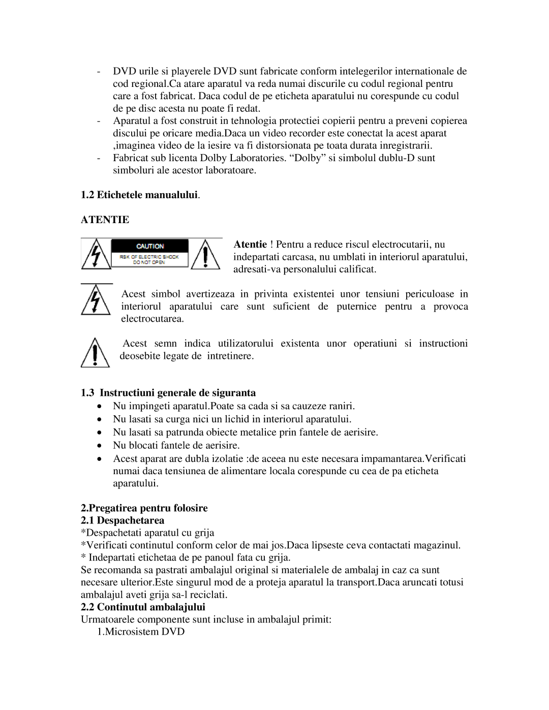 Akai AMD20 Etichetele manualului, Instructiuni generale de siguranta, Continutul ambalajului 