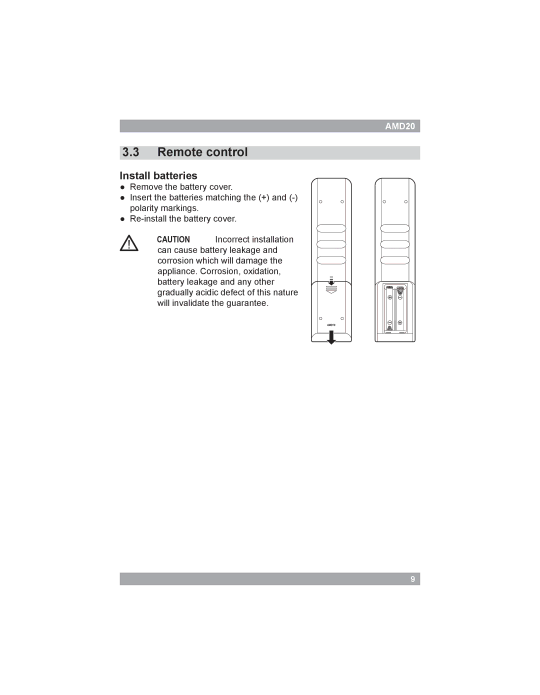 Akai AMD20 manual Remote control, Install batteries 