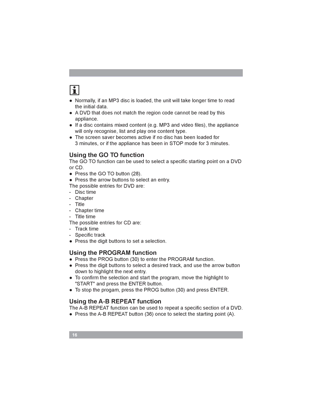 Akai AMD20 manual Using the GO to function, Using the Program function, Using the A-B Repeat function 