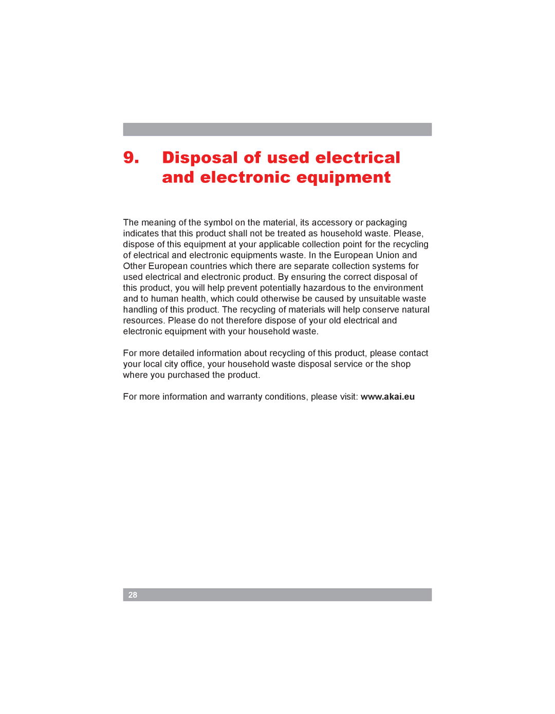 Akai AMD20 manual Disposal of used electrical and electronic equipment 