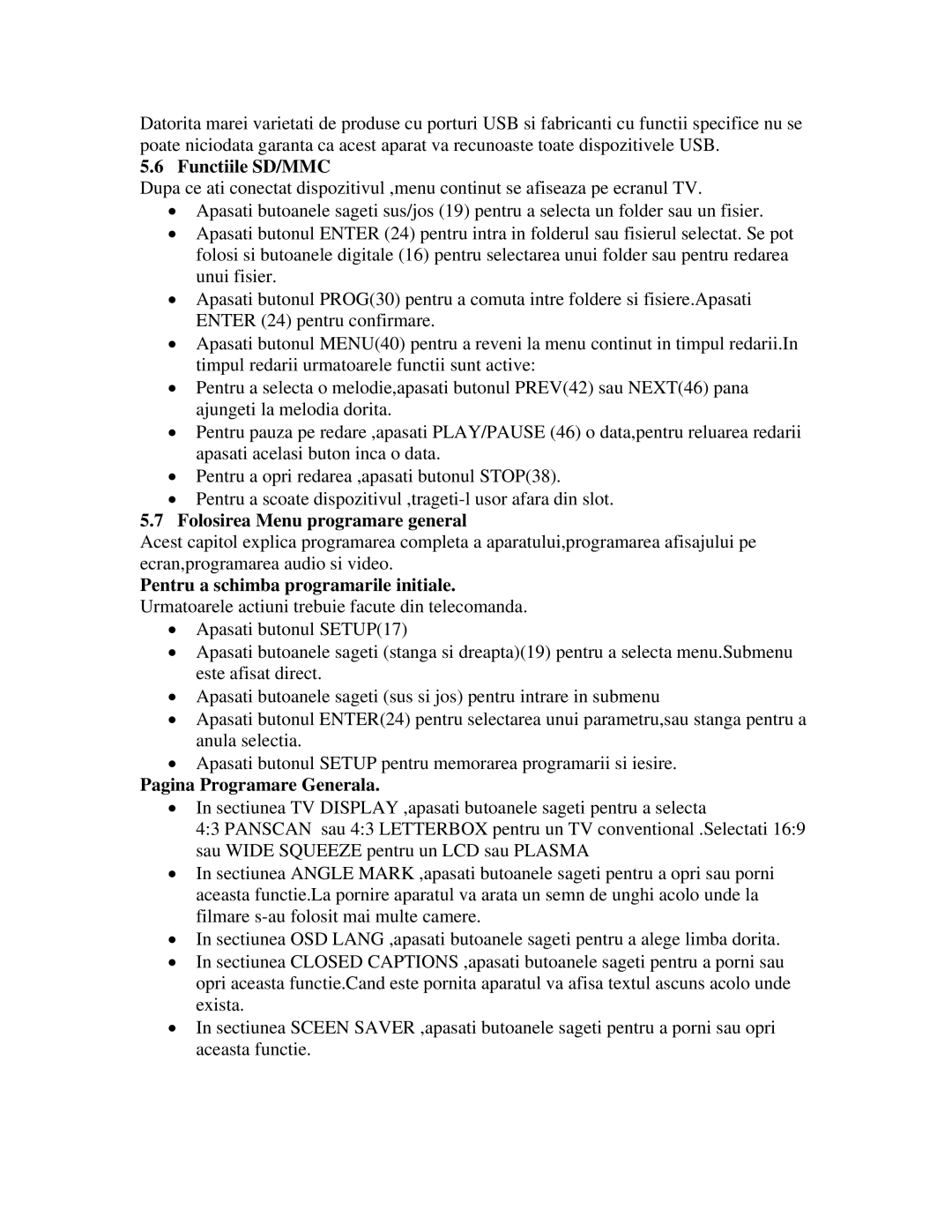Akai AMD20 manual Functiile SD/MMC, 5.7Folosirea Menu programare general, Pagina Programare Generala 