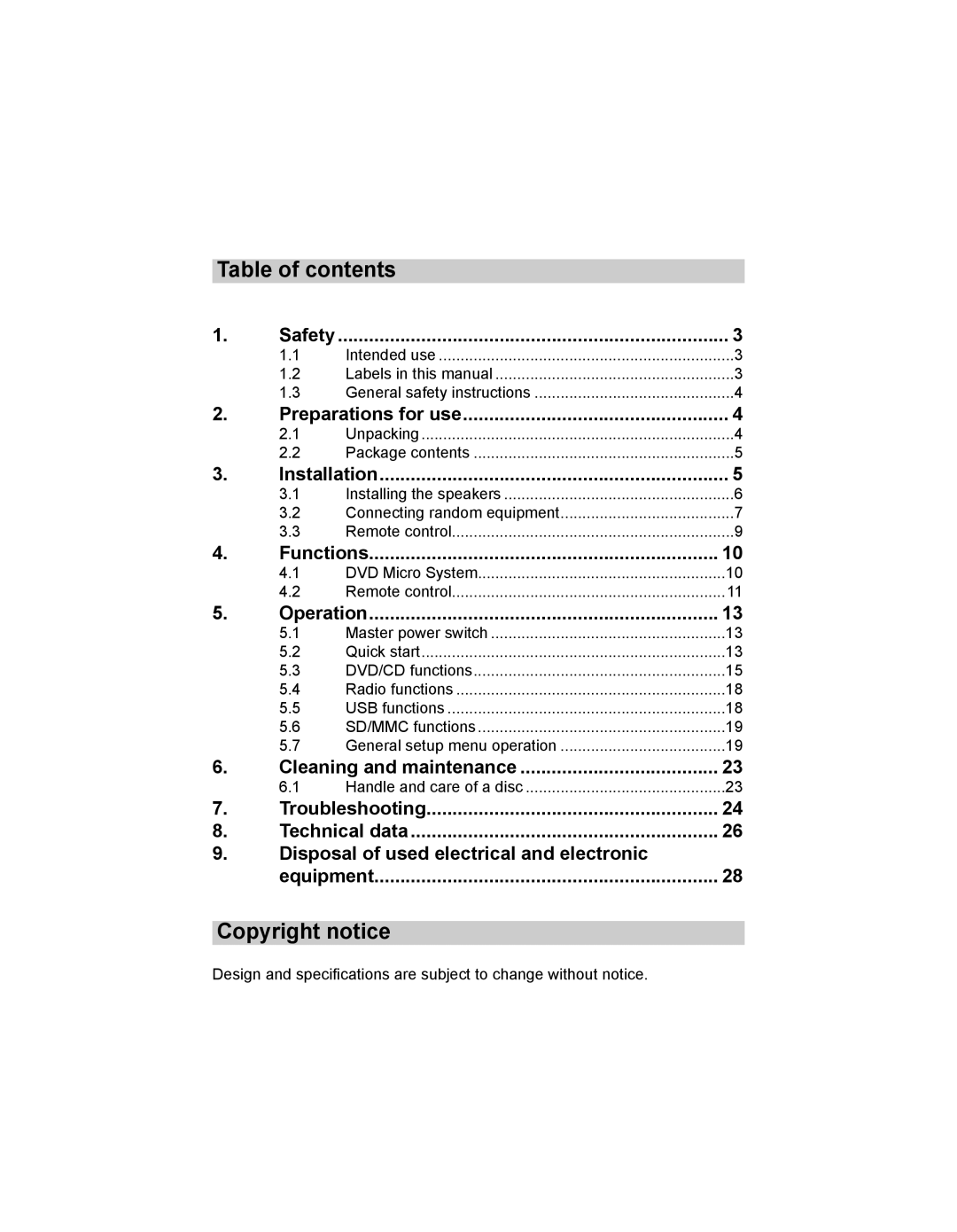 Akai AMD20 manual Table of contents, Copyright notice 