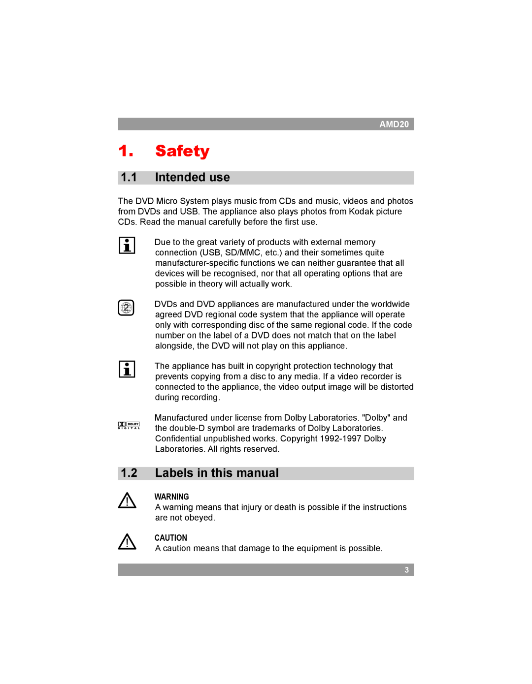 Akai AMD20 Safety, 1.1Intended use, 1.2Labels in this manual 
