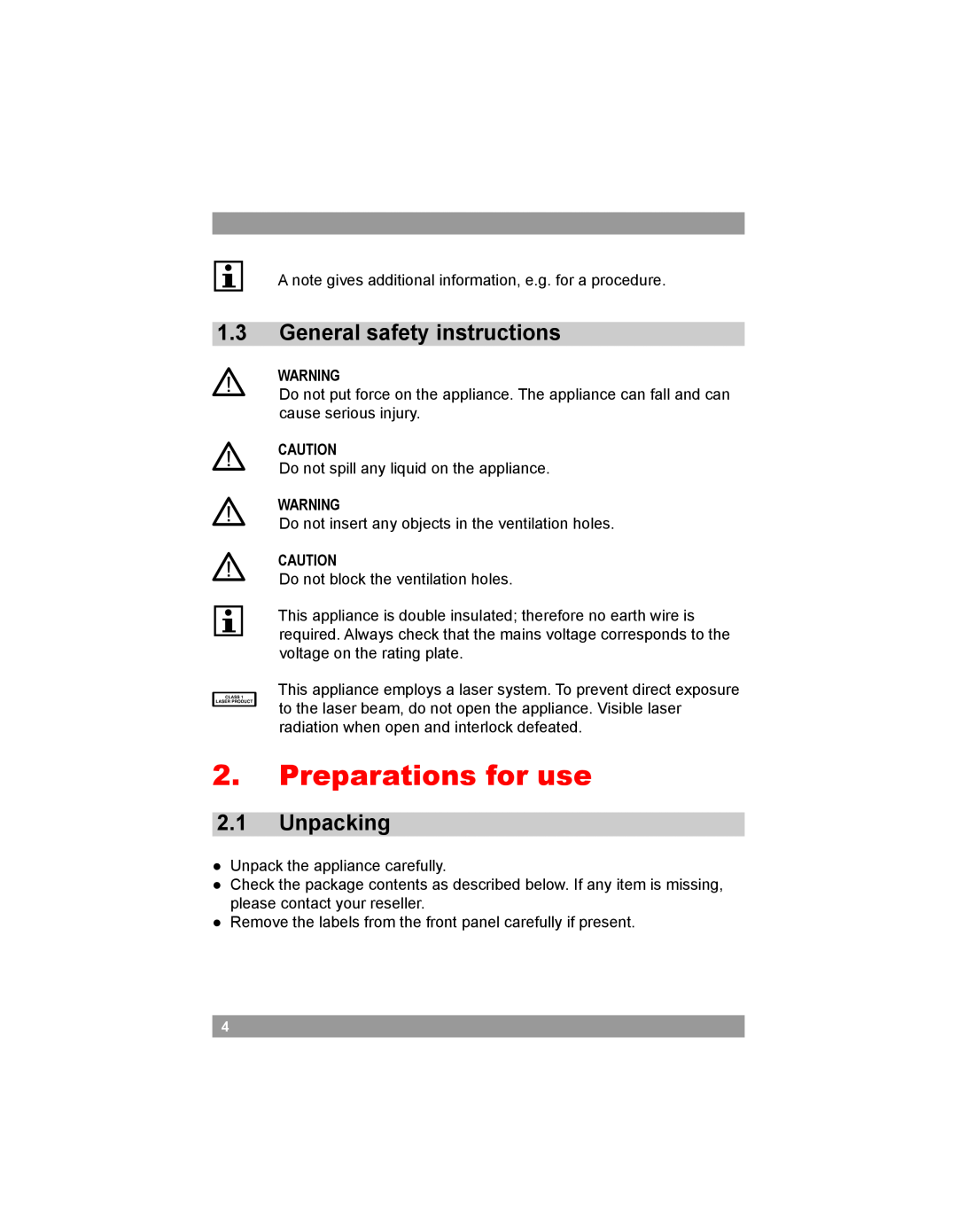 Akai AMD20 manual Preparations for use, 1.3General safety instructions, 2.1Unpacking 