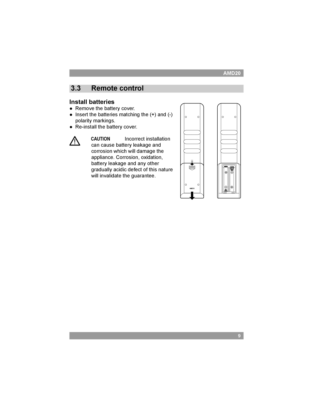 Akai AMD20 manual 3.3Remote control, Install batteries 