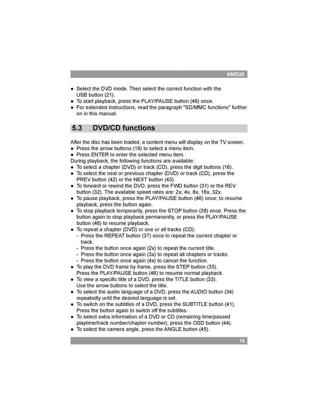Akai AMD20 manual 5.3DVD/CD functions 
