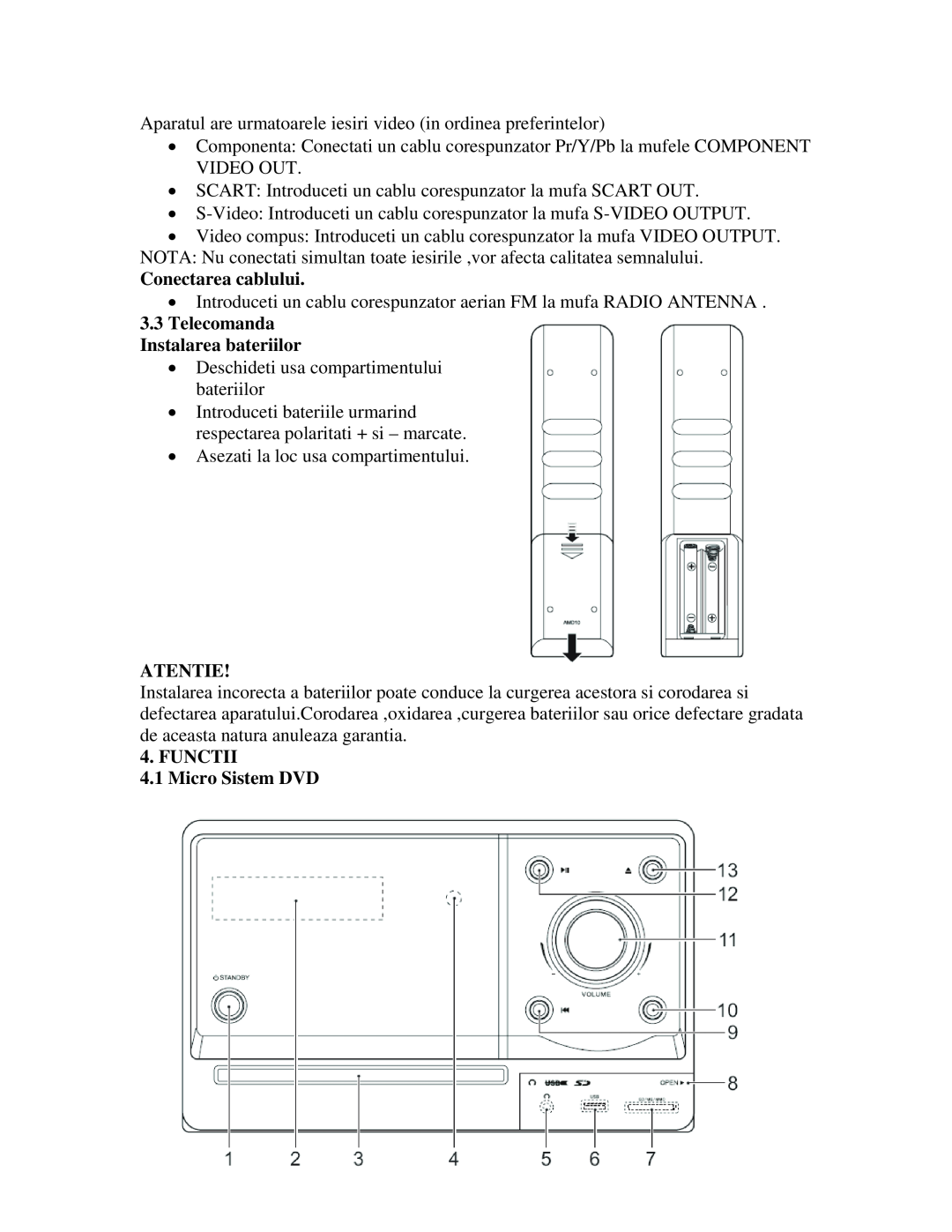 Akai AMD20 manual Conectarea cablului, 3.3Telecomanda Instalarea bateriilor, Atentie, FUNCTII 4.1 Micro Sistem DVD 