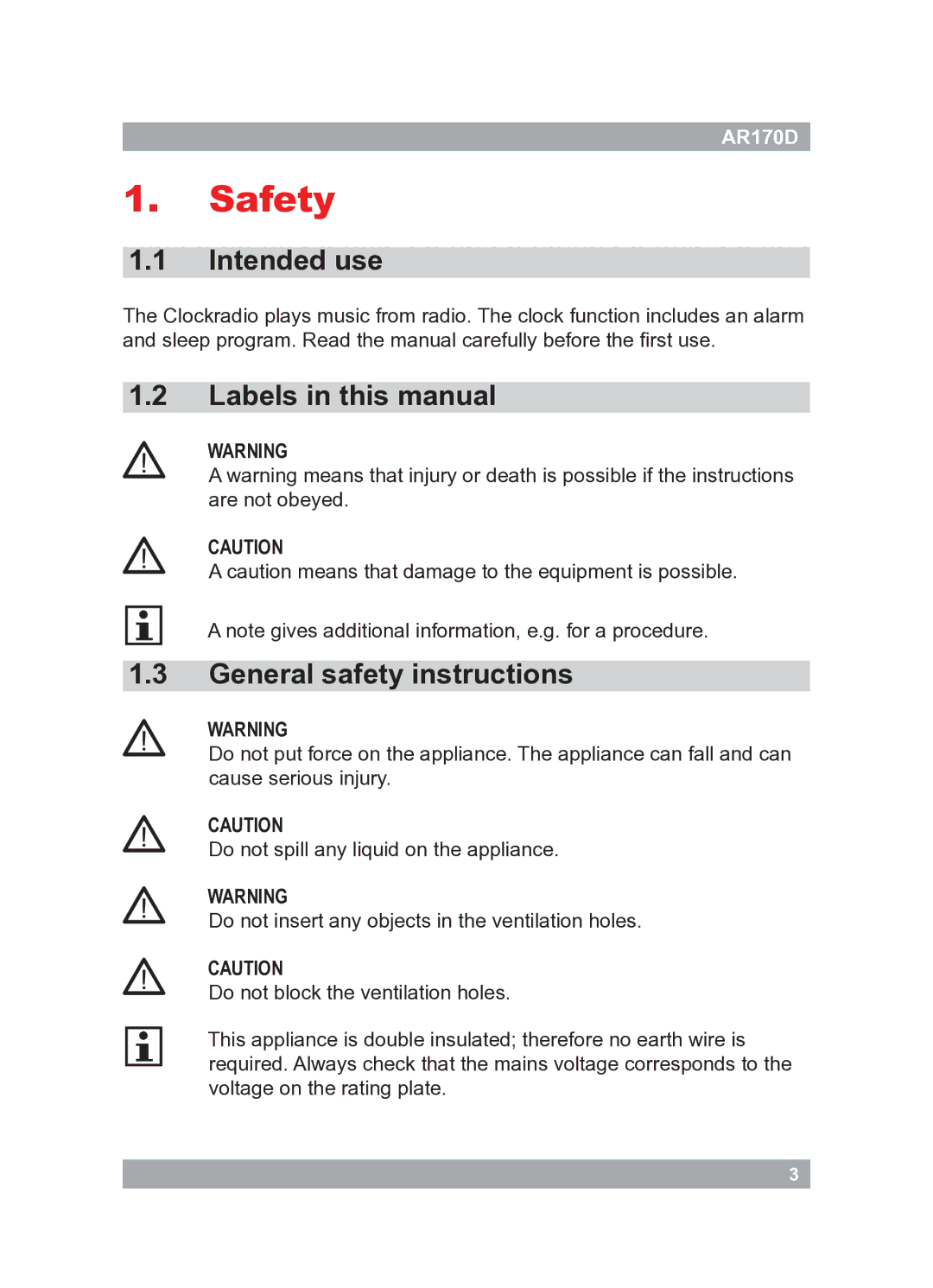 Akai AR170D Safety, Intended use, Labels in this manual General safety instructions 