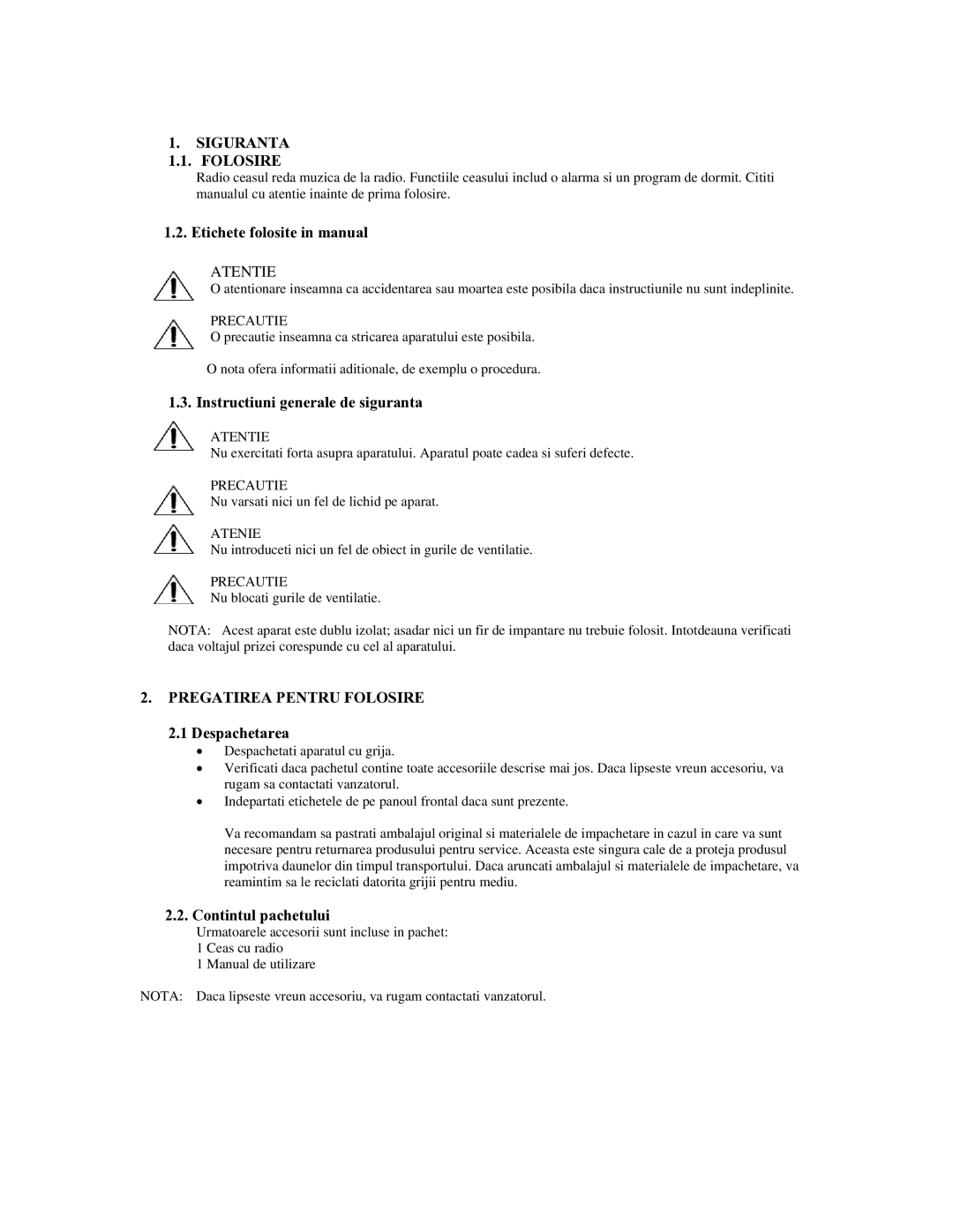 Akai AR170D manual Siguranta Folosire, Pregatirea Pentru Folosire 