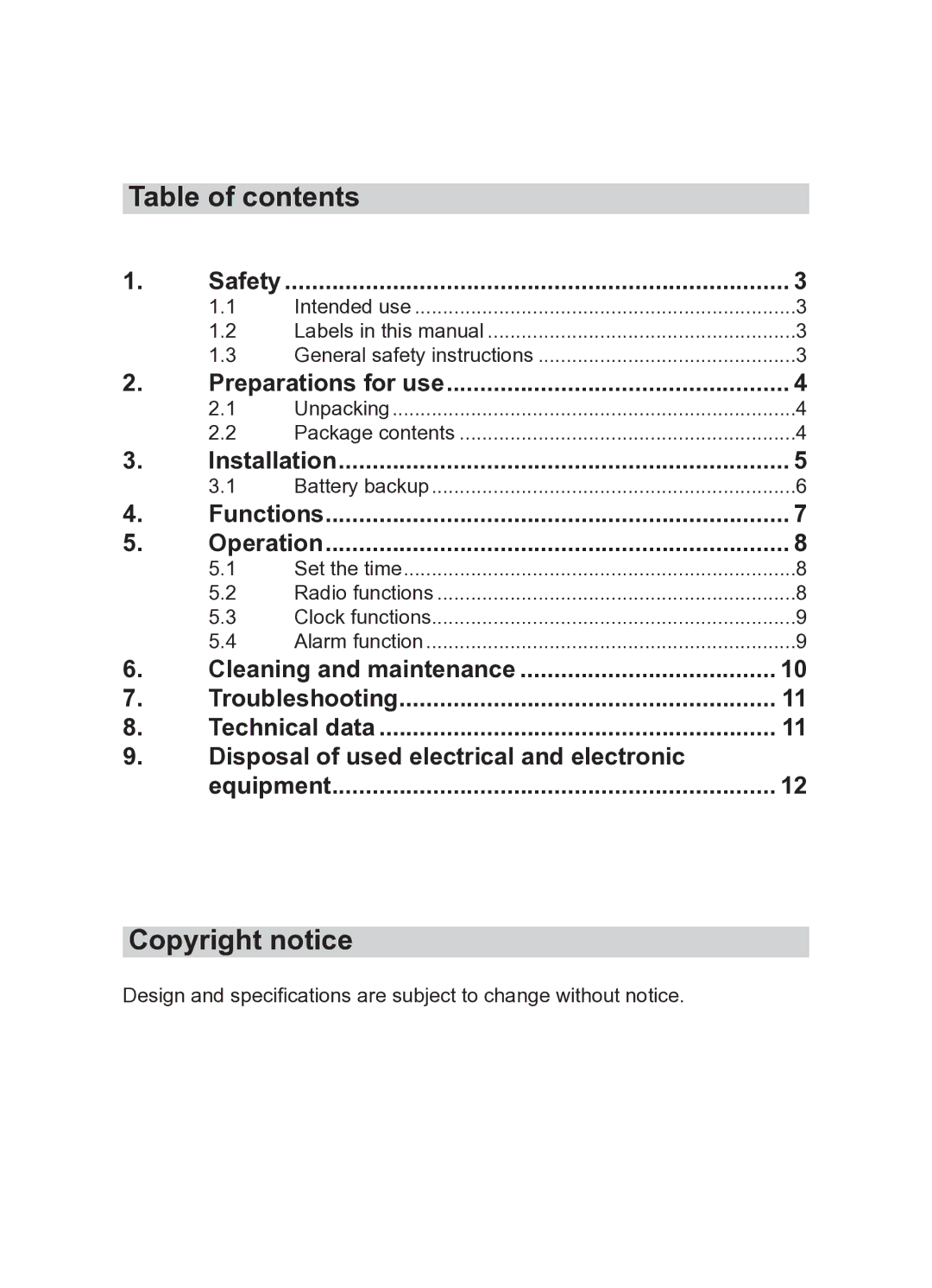 Akai AR170D manual Table of contents, Copyright notice 