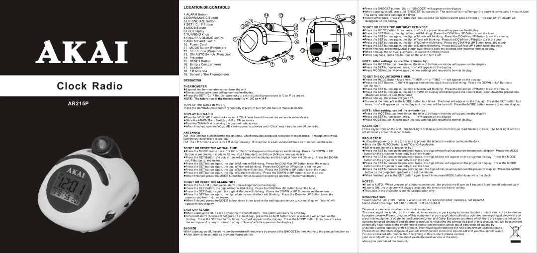 Akai AR215P manual Operating Thermometer, To Play the Radio, Antennas, To SET or Reset the Actual Time, Shut OFF Alarm 