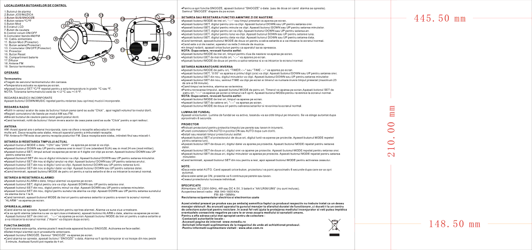 Akai AR215P manual Localizarea Butoanelor DE Control, Setarea SAU Resetarea Functiei Amintire ZI DE Nastere, Operare 