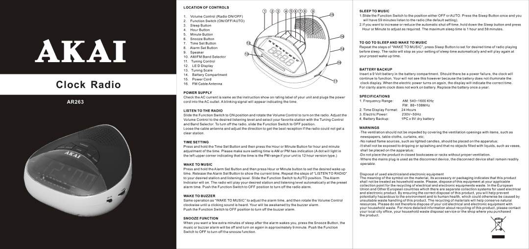Akai AR263 specifications Location of Controls, Power Supply, Listen to the Radio, Time Setting, Wake to Music 