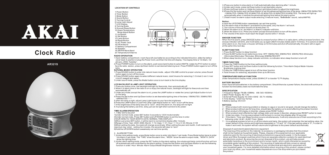 Akai AR321S manual Location of Controls, Radio Operation, Snooze Function, Sleep Function, Natural Music Operation 