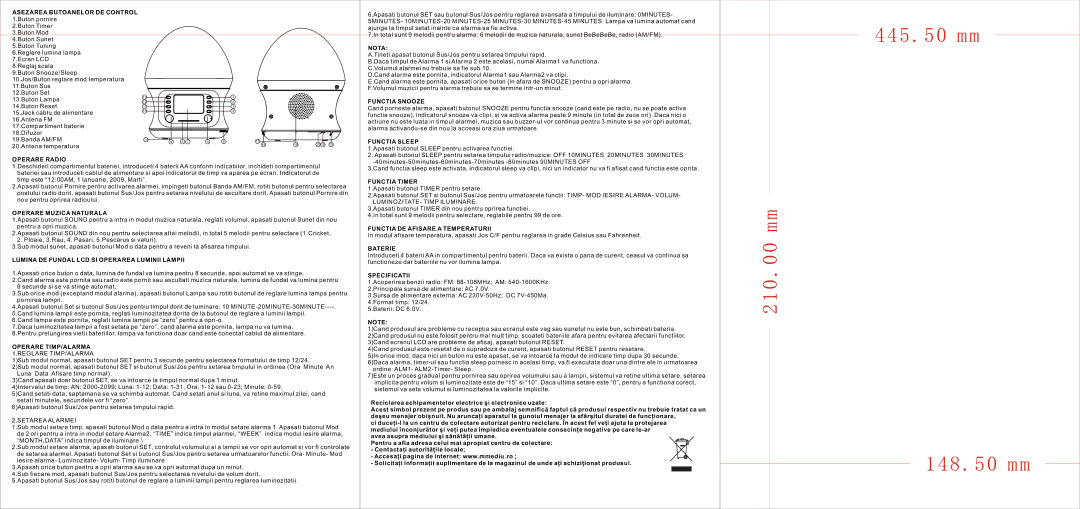 Akai AR321S Asezarea Butoanelor DE Control, Nota, Functia Snooze, Functia Sleep, Operare Radio, Functia Timer, Baterie 