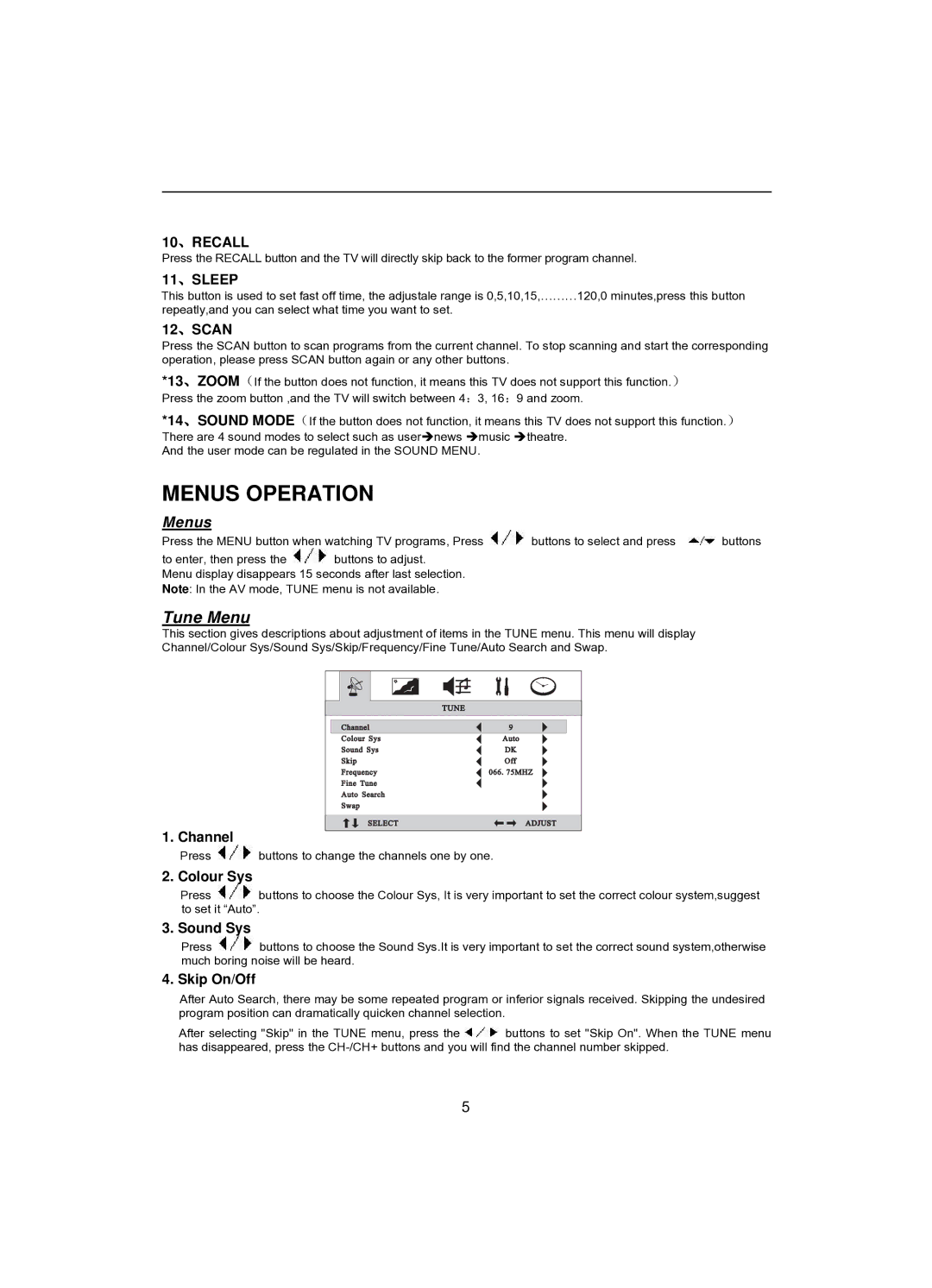 Akai CT-2107ASF operation manual Colour Sys, Sound Sys, Skip On/Off 