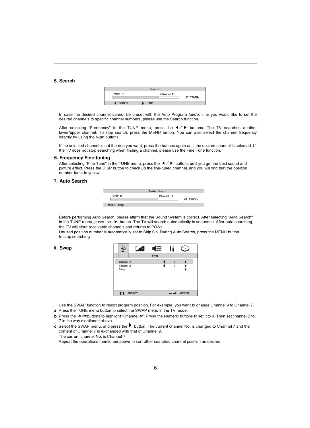 Akai CT-2107ASF operation manual Frequency Fine-tuning, Auto Search, Swap 