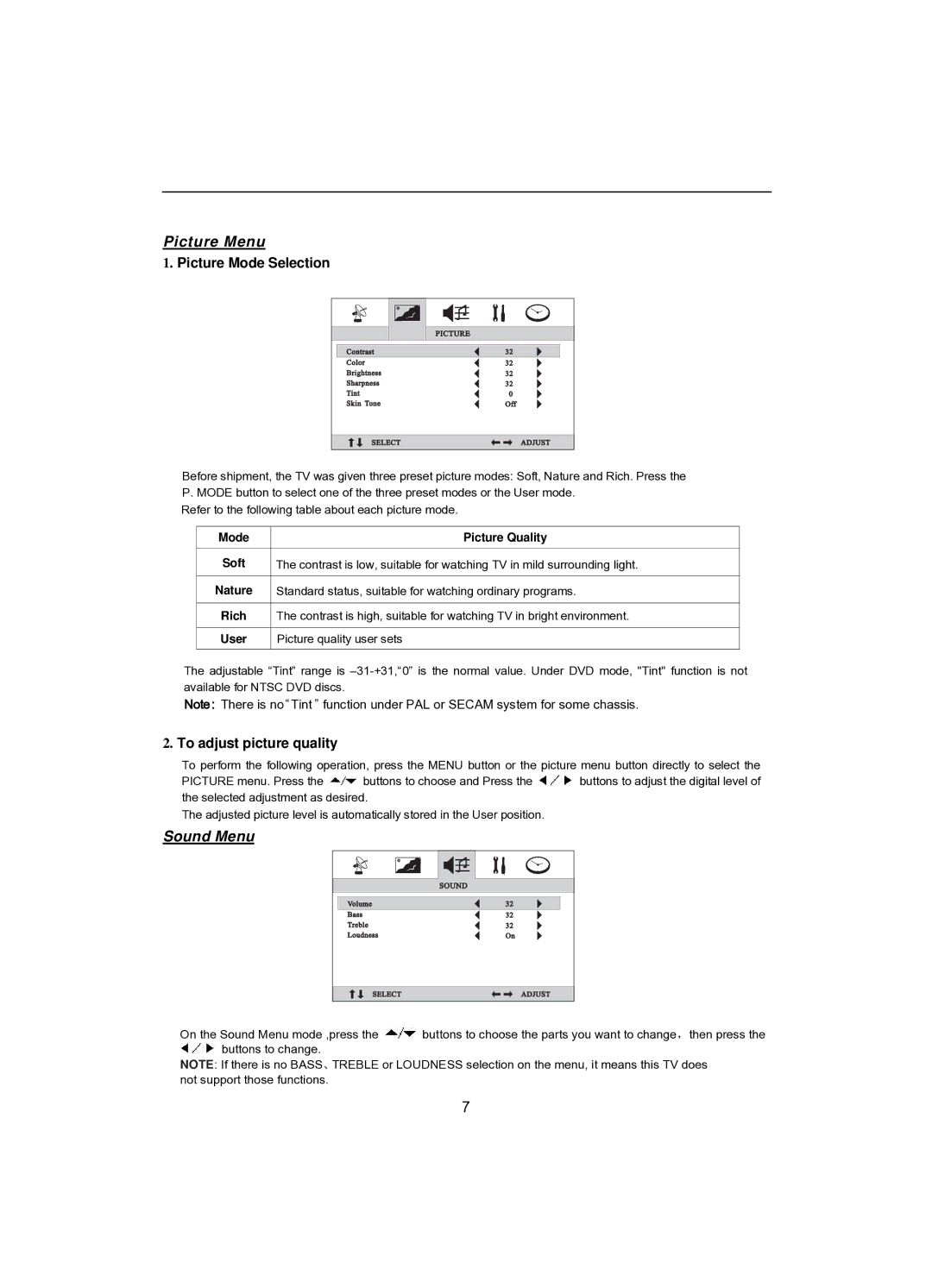 Akai CT-2107ASF operation manual Picture Mode Selection, To adjust picture quality 