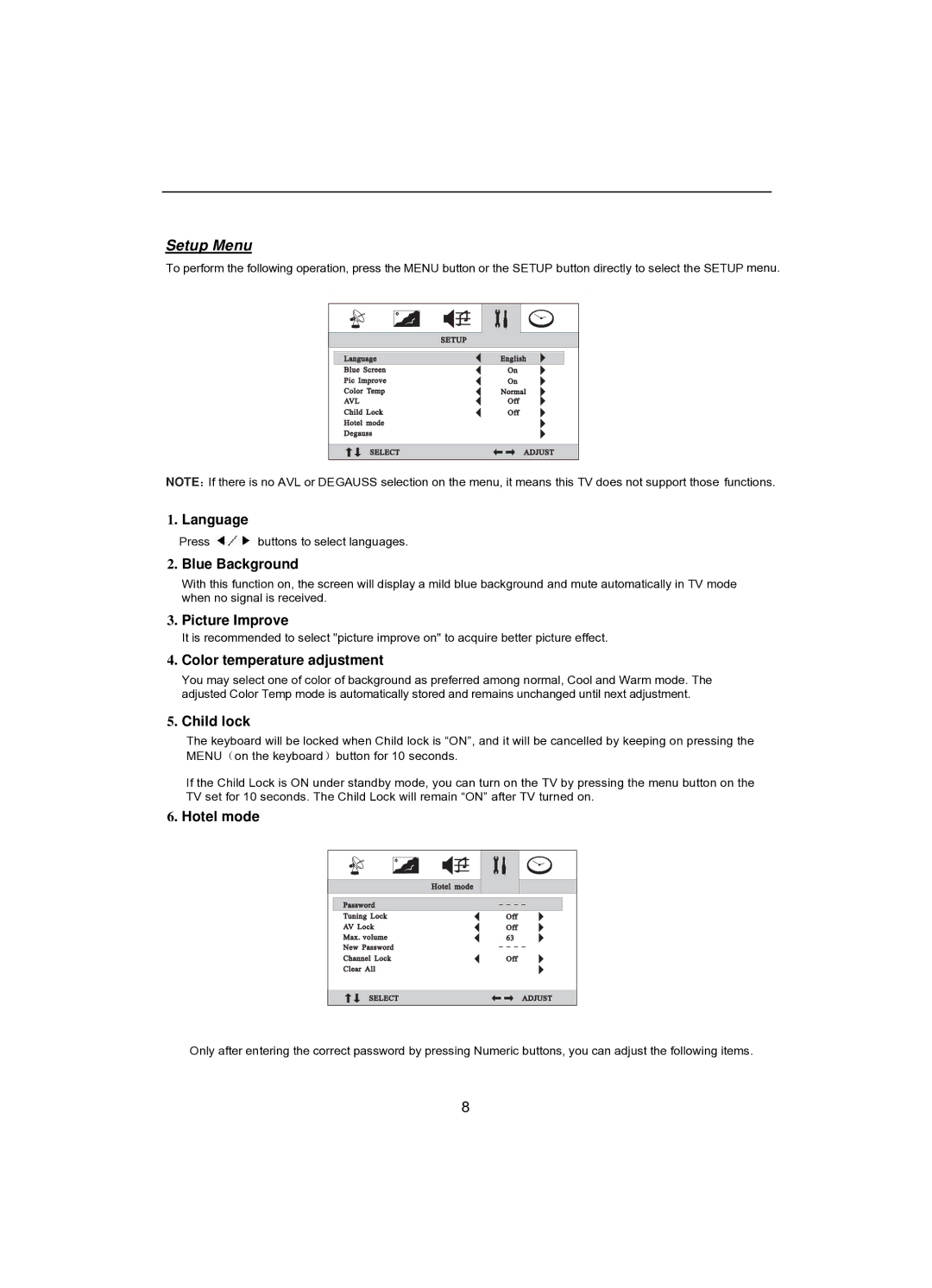 Akai CT-2107ASF Language, Blue Background, Picture Improve, Color temperature adjustment, Child lock, Hotel mode 