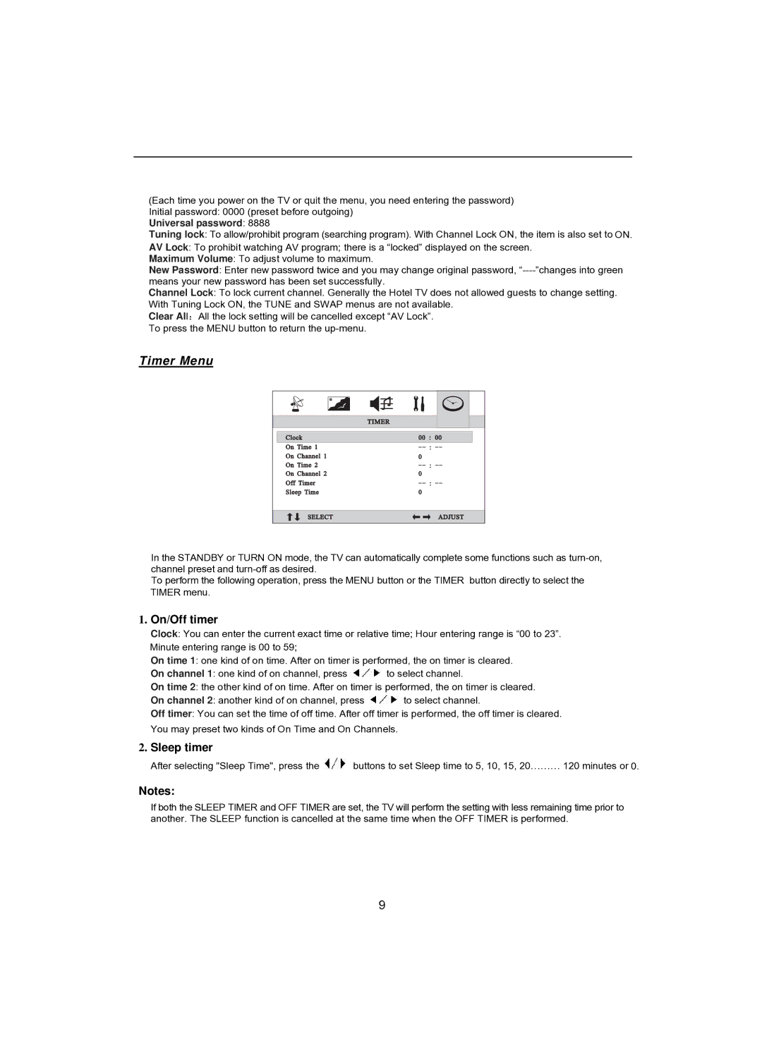 Akai CT-2107ASF operation manual On/Off timer, Sleep timer 