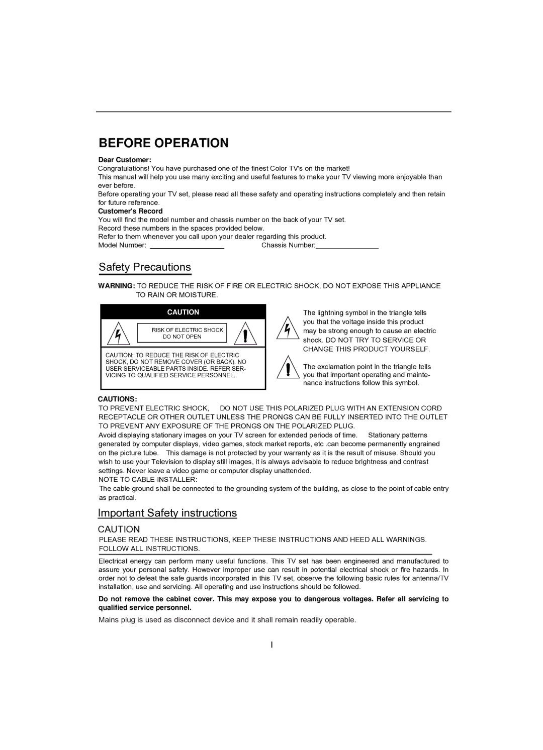 Akai CT-2107ASF operation manual Before Operation 