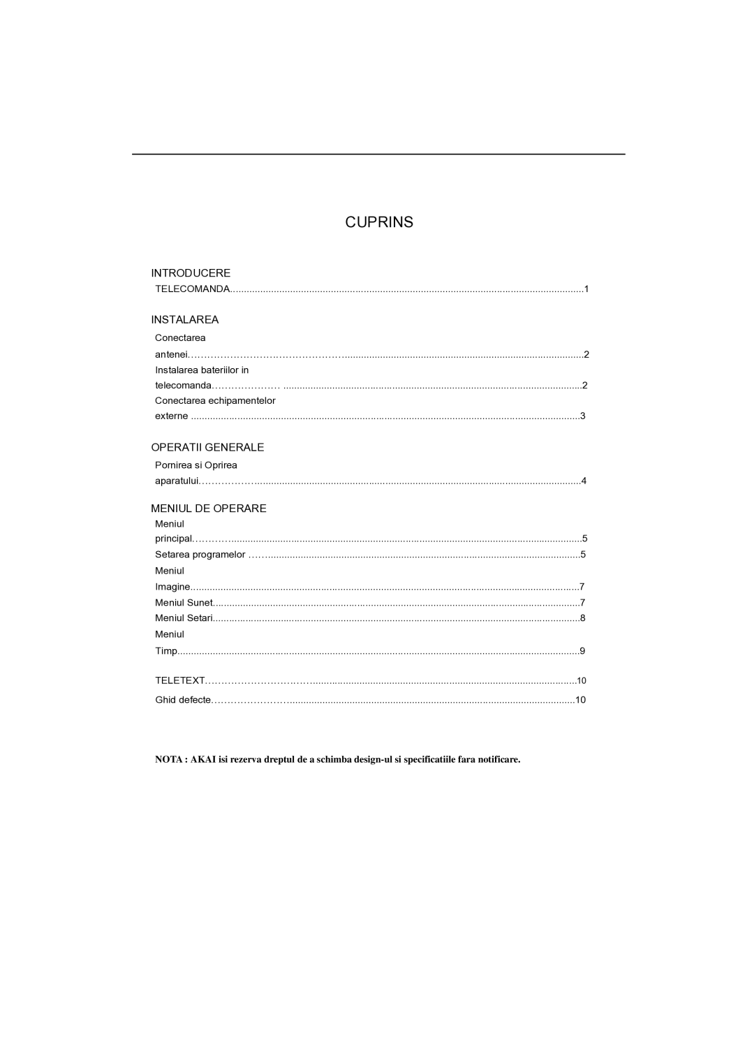 Akai CT-2107ASF operation manual Cuprins 