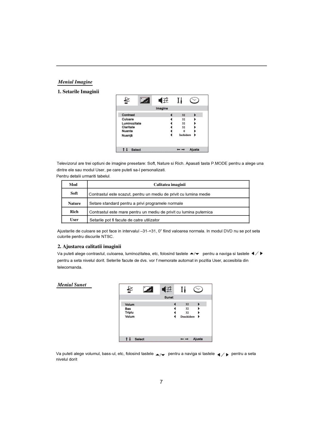 Akai CT-2107ASF operation manual Setarile Imaginii, Ajustarea calitatii imaginii 