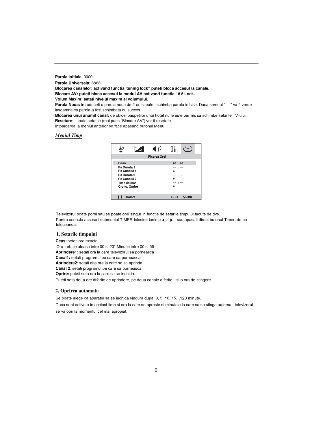 Akai CT-2107ASF operation manual Setarile timpului, Oprirea automata 